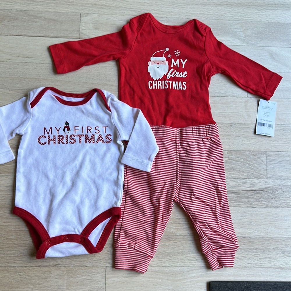 (2) 3M Christmas long sleeve onesies + candy and pants